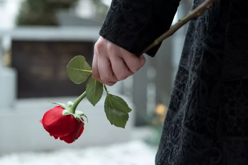 żałoba na cmentarzu róża w dłoni